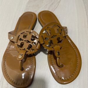 Tory Burch Cognac Patent Leather Logo Thong Sandals